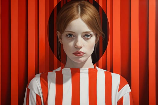 Intriguing Glamour model portrait on red stripes closeup. Fun happy face big eye. Generate Ai