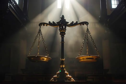 A single light shines on a scale in a dark courtroom, creating a stark contrast.