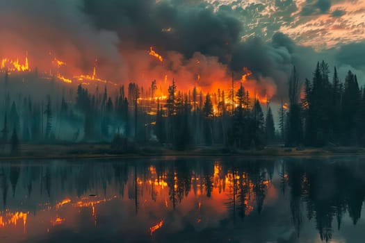 A fire is raging in the forest, casting a cloud of smoke over the sky, reflecting its glow on the water of a lake.