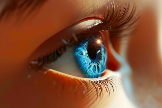 Detailed view of a human eye with striking blue color, in a close-up shot.