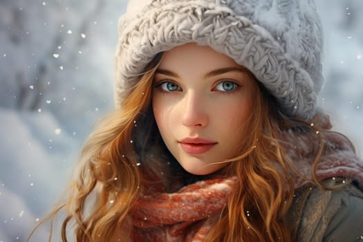 Bundled-up Woman portrait in winter cloth portrait view. Lady fun coat casual beauty. Generate Ai