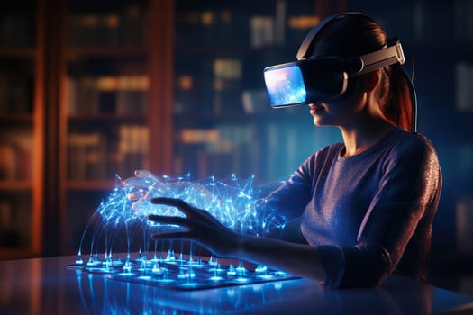 A female scientist wearing virtual reality glasses conducts research.