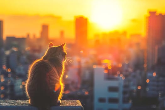 A cat perched on a ledge, observing the setting sun in the background.