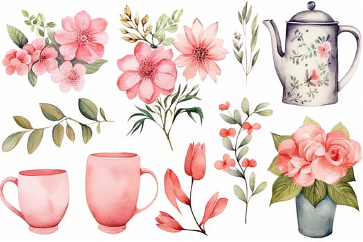 Vintage floral watercolor illustrations with teapot and cups
