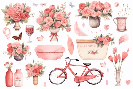 A collection of floral and vintage items including a bicycle, butterflies, and a pitcher.