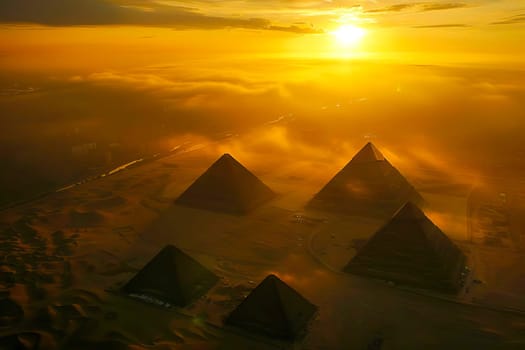 The sun setting over the iconic Pyramids of Giza, showcasing the ancient structures from above.