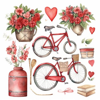 Watercolor collection featuring a vintage bicycle and floral arrangements.