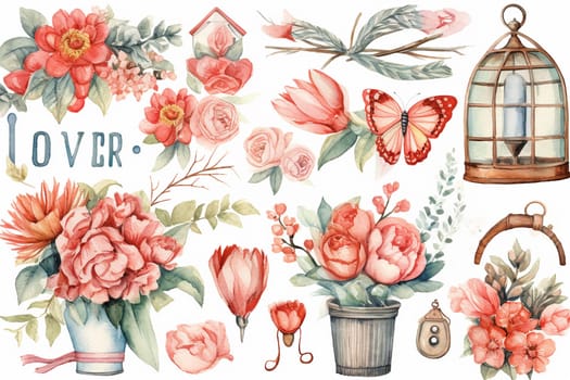A collection of watercolor illustrations including flowers, a butterfly, and romantic-themed objects.