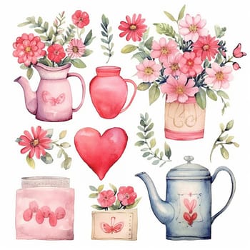 Various watercolor illustrations including floral arrangements, teapots, and a heart.