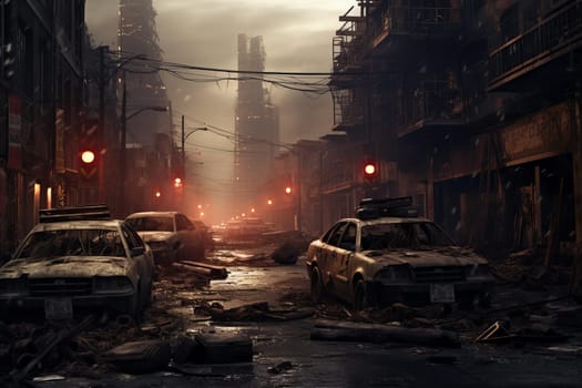 Grim Post apocalyptic street. City destruction. Generate Ai
