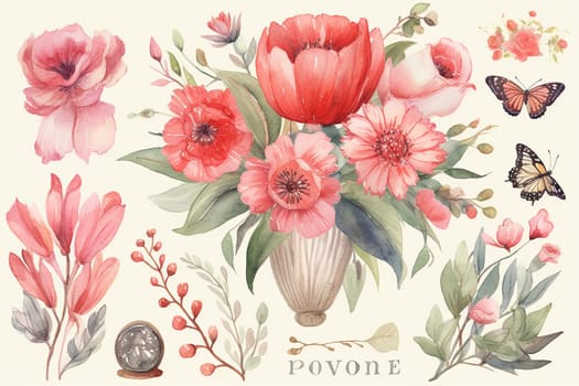Vintage illustration of various flowers and butterflies with soft pastel colors.