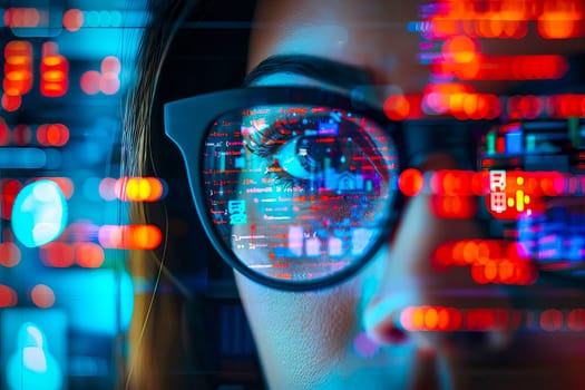 A close-up view of a person wearing glasses, with focus on the eyes and reflection of a computer monitor.