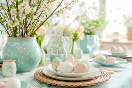 A table adorned with plates and vases filled with Easter flowers.