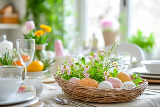 Easter basket filled with eggs placed on top of a kitchen table.