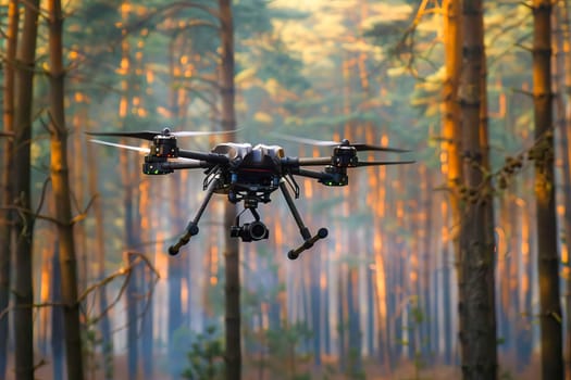Drone with camera flies above a dense forest of green trees