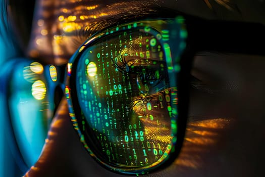 A close-up view of a person wearing glasses, with a computer monitor in the background.