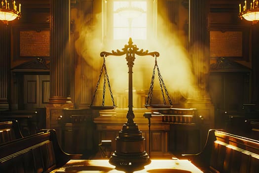 Sunlight shines through a window, illuminating the Scales of Justice in the dark courtroom.