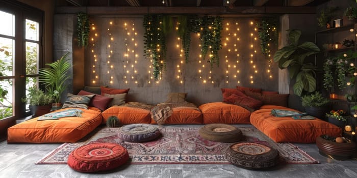 Boho Scandinavian style in farmhouse interior. Bedroom with natural wooden furniture