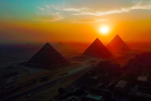 The sun sets behind the iconic pyramids of Giza in Egypt.
