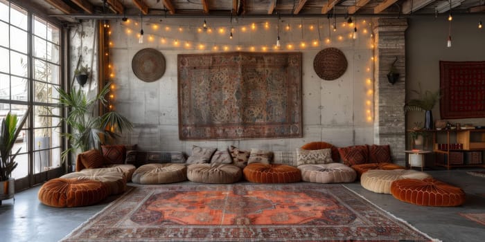 Boho Scandinavian style in farmhouse interior. Bedroom with natural wooden furniture