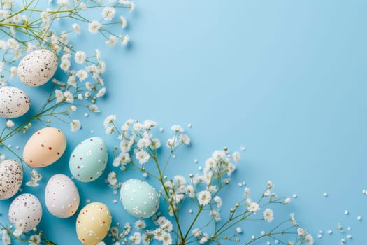 Collection of Easter eggs arranged on a vibrant blue tabletop, creating a festive and colorful display.
