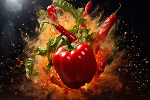 Bold Chilli explosion. Food spicy fly. Generate Ai