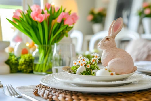 A white plate sits on a table, adorned with a bunny figurine, depicting a festive Easter decoration.