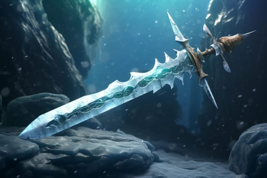 Menacing Powerful frozen sword. Sky nature. Generate Ai