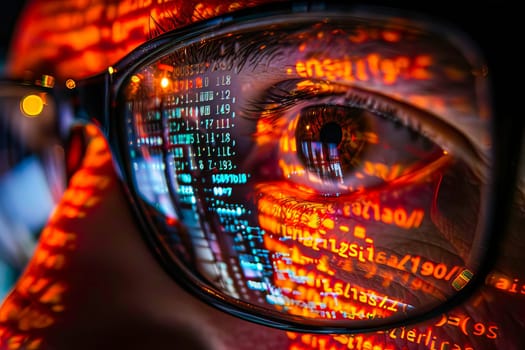 Detailed view of a persons eye with glasses in focus.