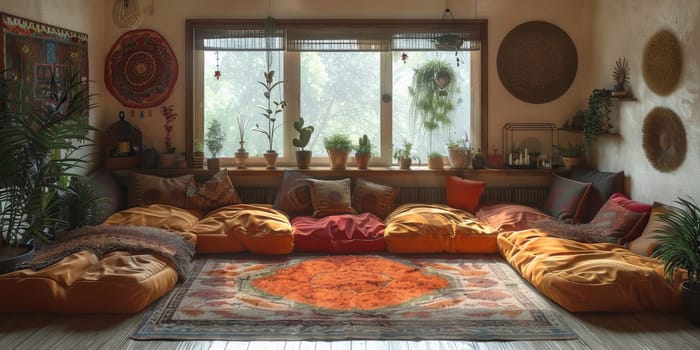 Boho Scandinavian style in farmhouse interior. Bedroom with natural wooden furniture