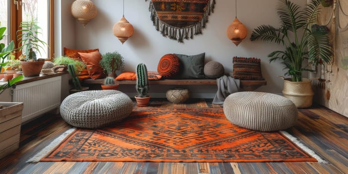 Boho Scandinavian style in farmhouse interior. Bedroom with natural wooden furniture