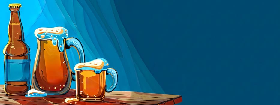 Vibrant illustration showcasing different beer servings in a bottle, jug, and mug against a blue backdrop