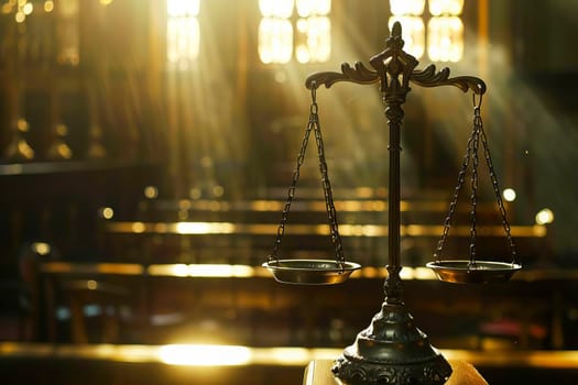 A scales of justice symbol positioned within a church setting.