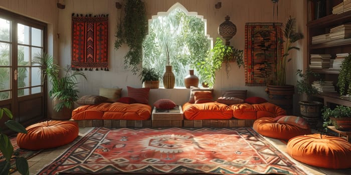 Boho Scandinavian style in farmhouse interior. Bedroom with natural wooden furniture