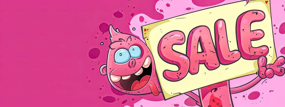 Vibrant cartoon illustration of a whimsical character holding a 'sale' sign on a pink background