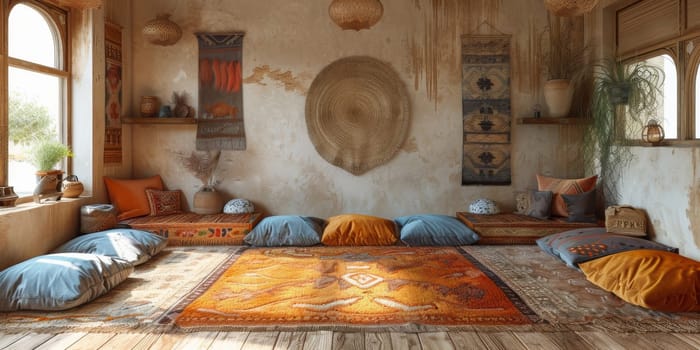 Boho Scandinavian style in farmhouse interior. Bedroom with natural wooden furniture