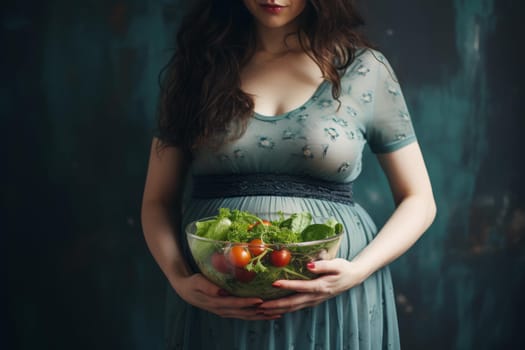 Nourished Pregnant smiling woman bowl salad. Vegetable meal. Generate Ai