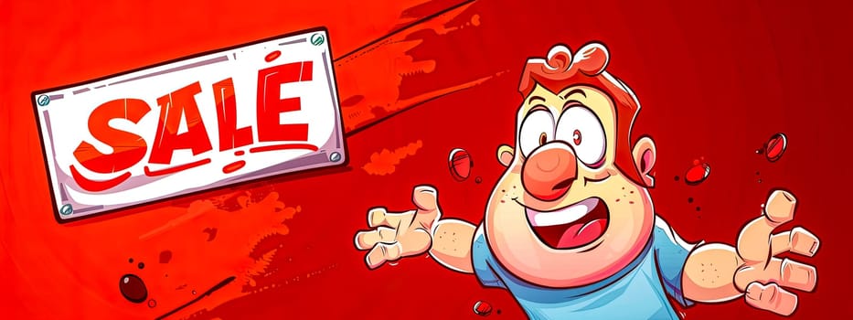 Cheerful cartoon man celebrates a sale, with splashes of red and a bold sign