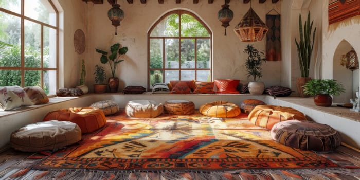 Boho Scandinavian style in farmhouse interior. Bedroom with natural wooden furniture