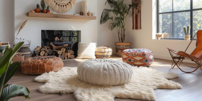 Boho Scandinavian style in farmhouse interior. Bedroom with natural wooden furniture