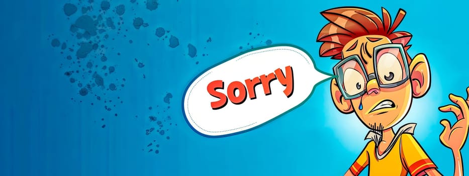 Illustrated image of a cartoon boy with a worried expression holding a speech bubble that says sorry