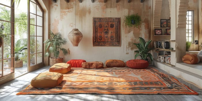 Boho Scandinavian style in farmhouse interior. Bedroom with natural wooden furniture