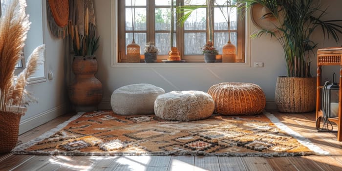 Boho Scandinavian style in farmhouse interior. Bedroom with natural wooden furniture