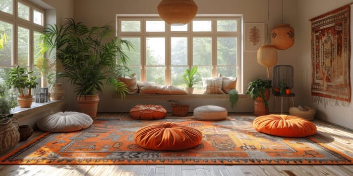 Boho Scandinavian style in farmhouse interior. Bedroom with natural wooden furniture