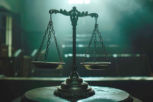 A scale of justice is placed on top of a table in a dark court hall setting.
