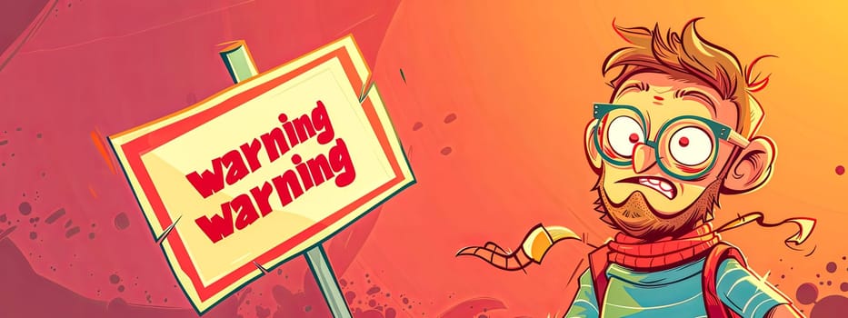 Colorful illustration of a funky male scientist character next to a warning sign