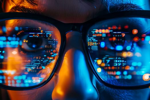 A close-up of a person wearing glasses, focusing on their eyes and the frames of the glasses against a computer monitor in the background.