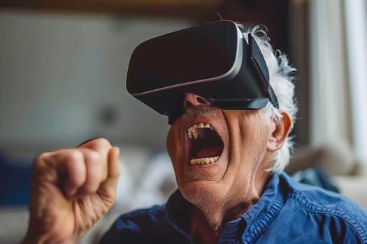 An older man wearing a virtual reality headset and appearing engaged in the experience, possibly yelling or reacting.