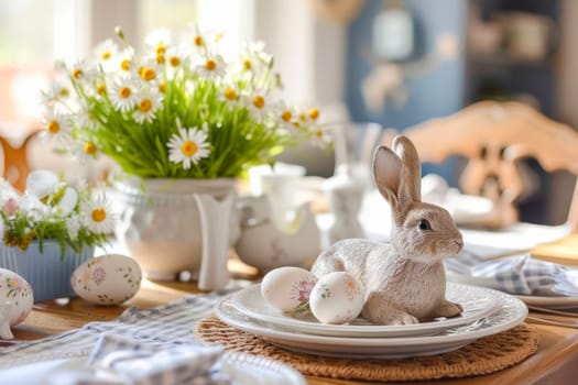 Easter bunny figurine placed on plate, resting on table in kitchen decoration for Easter celebration.