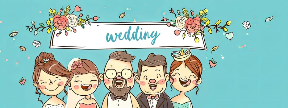 Charming illustrated wedding banner with a cartoon bridal party
